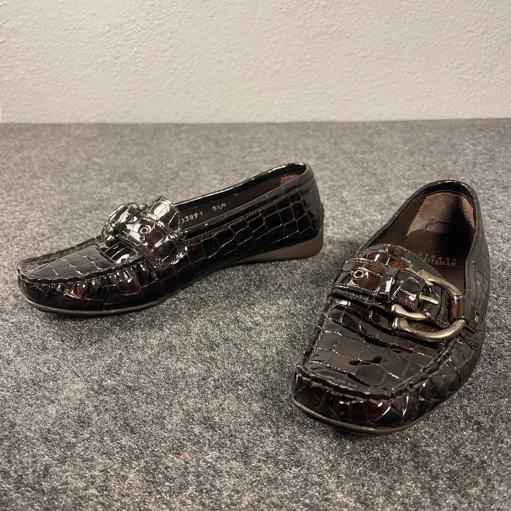 Stuart Weitzman Womens Loafers Sz 5.5 Croc Embossed Brown Leather Buckle Spain